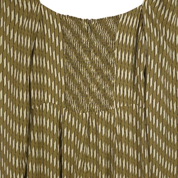 Reformation Peyton Dress Green Geometric Long Sleeve Midi Boho Smocked - Picture 5 of 11